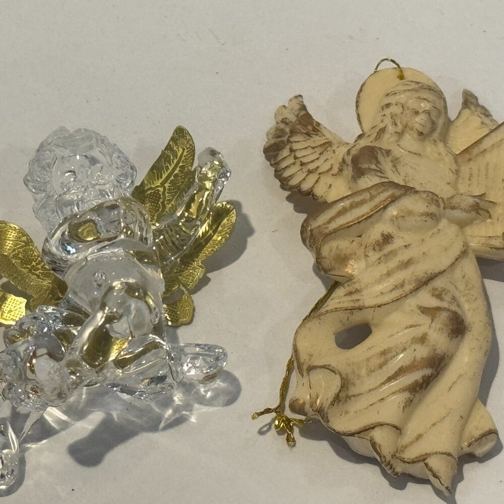 Vintage Angel Ornament Pair – Resin Lyre Angel & Acrylic Gold-Wing Cherub